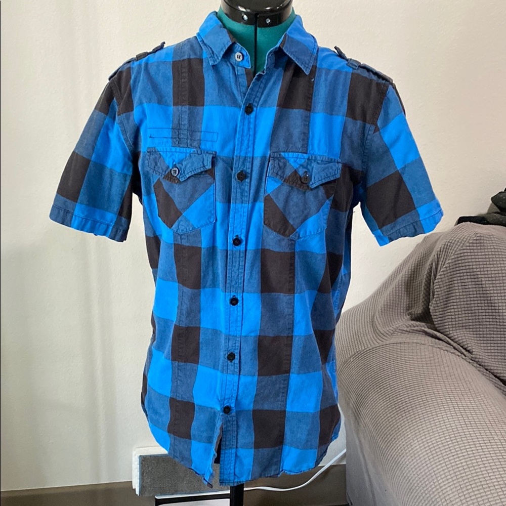 Heritage 1981 blue and black plaid shirt sleeve button down